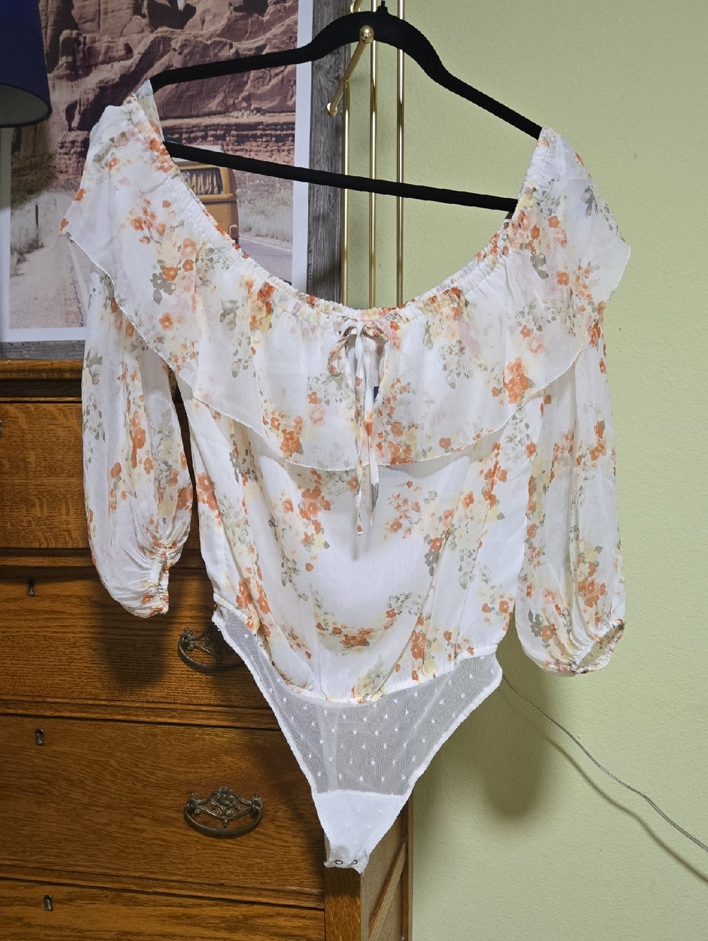Abercrombie & Fitch White Floral Off-Shoulder Tie-Front Bodysuit